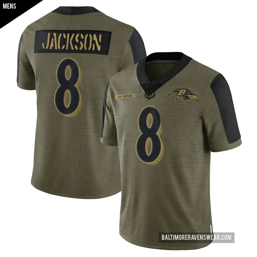 Men's Baltimore Ravens ＃8 Lamar Jackson Olive Limited 2021 Salute To Service Jersey
