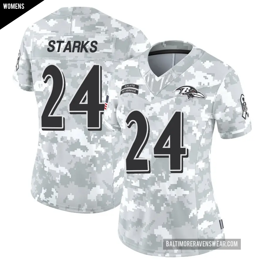 Women's Baltimore Ravens ＃24 Malaki Starks Arctic Camo Limited 2024 Salute to Service Jersey