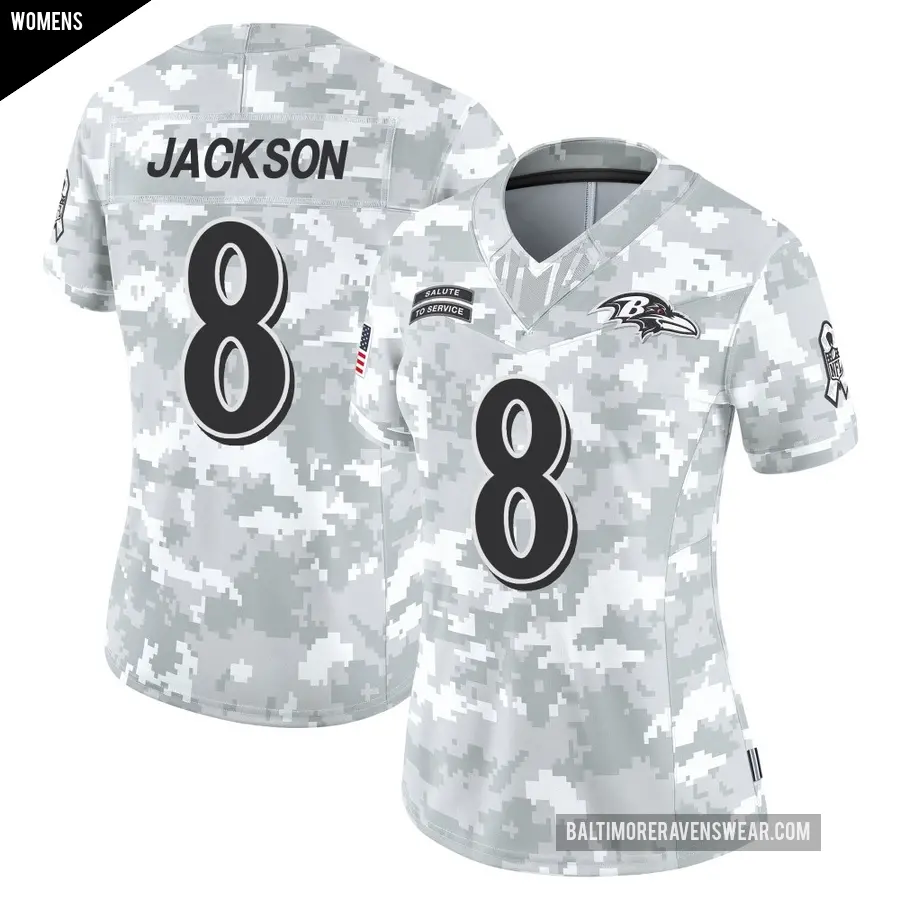 Women's Baltimore Ravens ＃8 Lamar Jackson Arctic Camo Limited 2024 Salute to Service Jersey