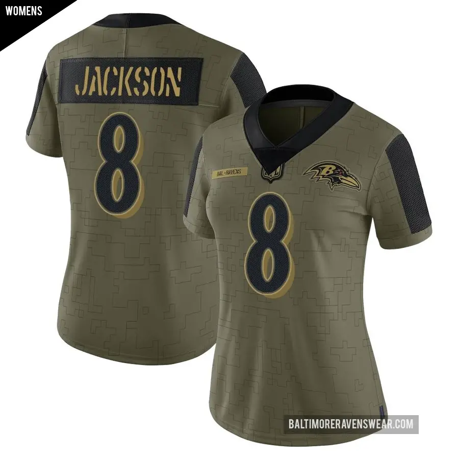 Women's Baltimore Ravens ＃8 Lamar Jackson Olive Limited 2021 Salute To Service Jersey