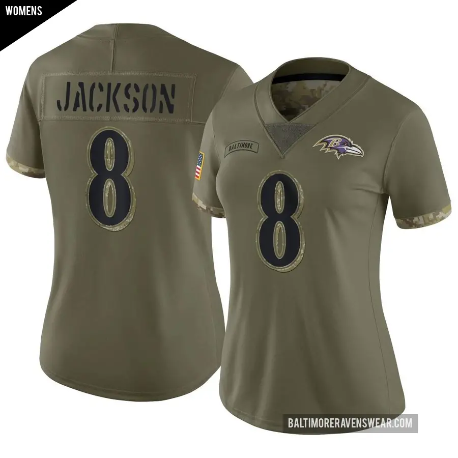 Women's Baltimore Ravens ＃8 Lamar Jackson Olive Limited 2022 Salute To Service Jersey