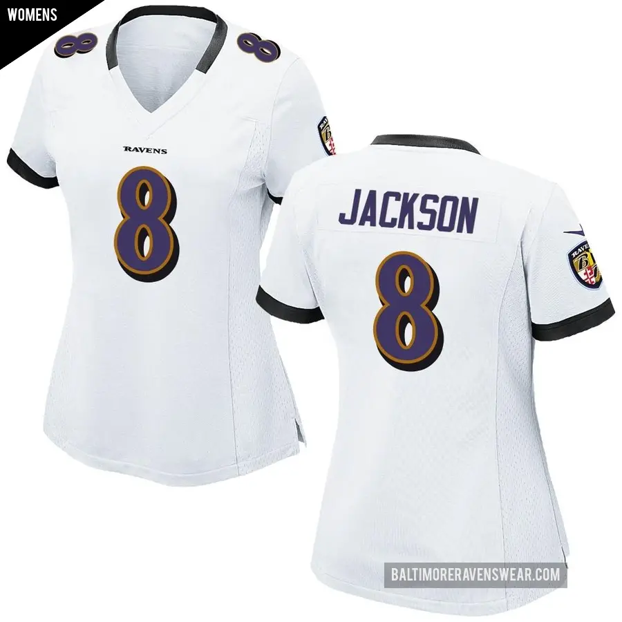 Women's Baltimore Ravens ＃8 Lamar Jackson White Game Jersey