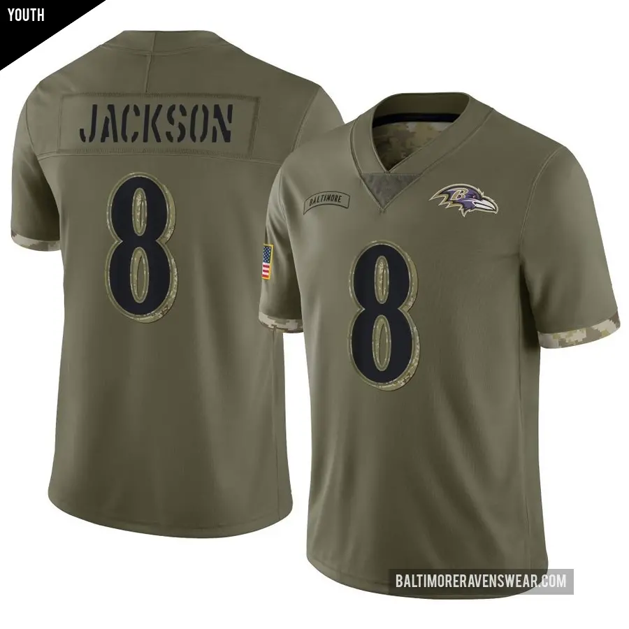 Youth Baltimore Ravens ＃8 Lamar Jackson Olive Limited 2022 Salute To Service Jersey